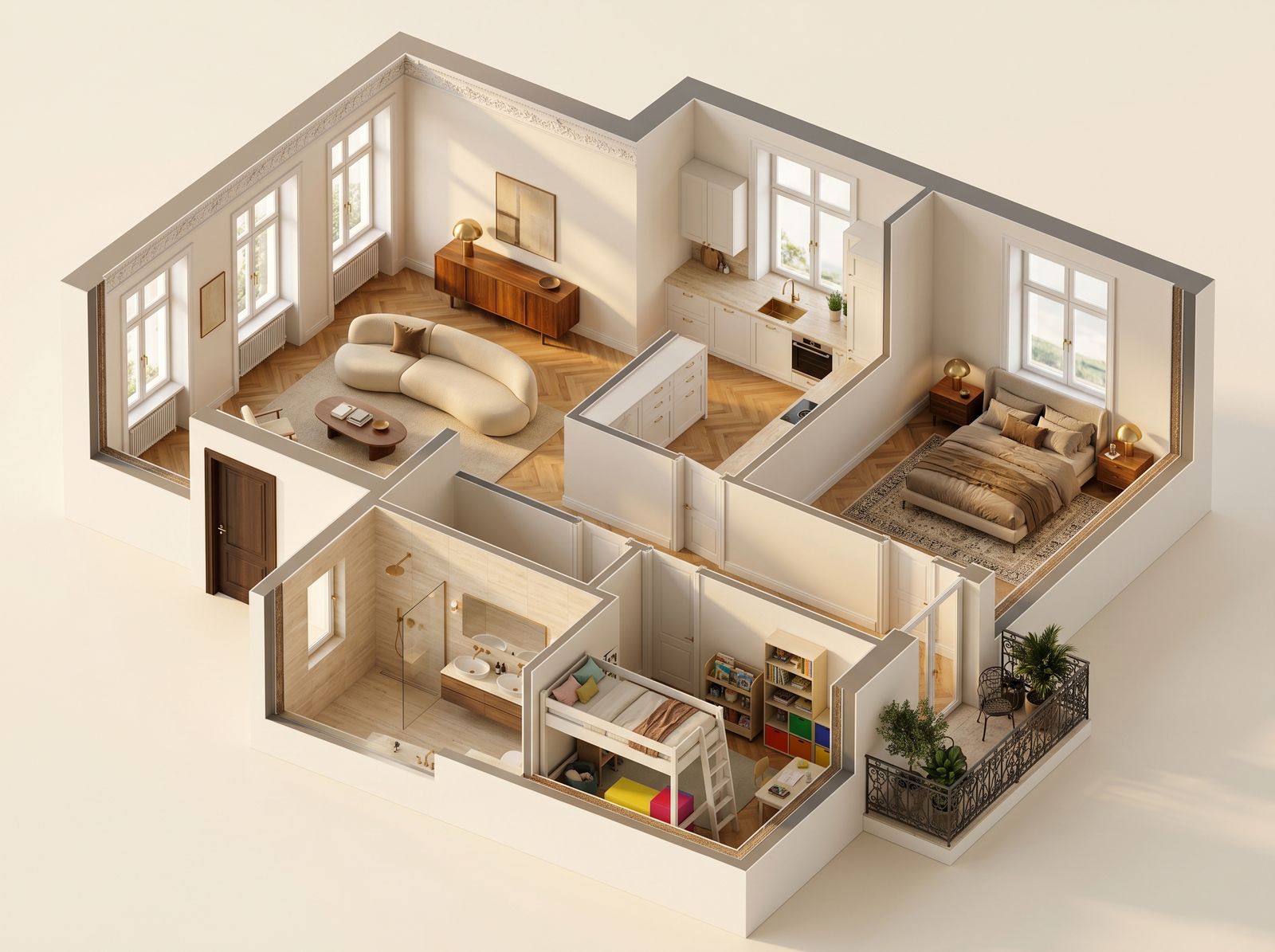 Isometrische 3D-Schnittansicht der Wohnung mit allen sieben Räumen