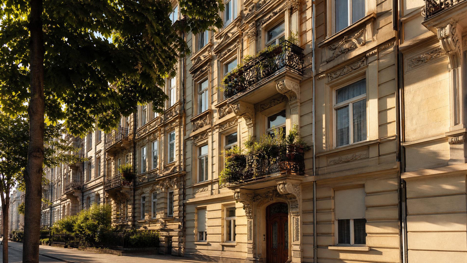 Sandsteinfassade der Altbauwohnung in der Hölderlinstraße, Stuttgart-West, im Abendlicht
